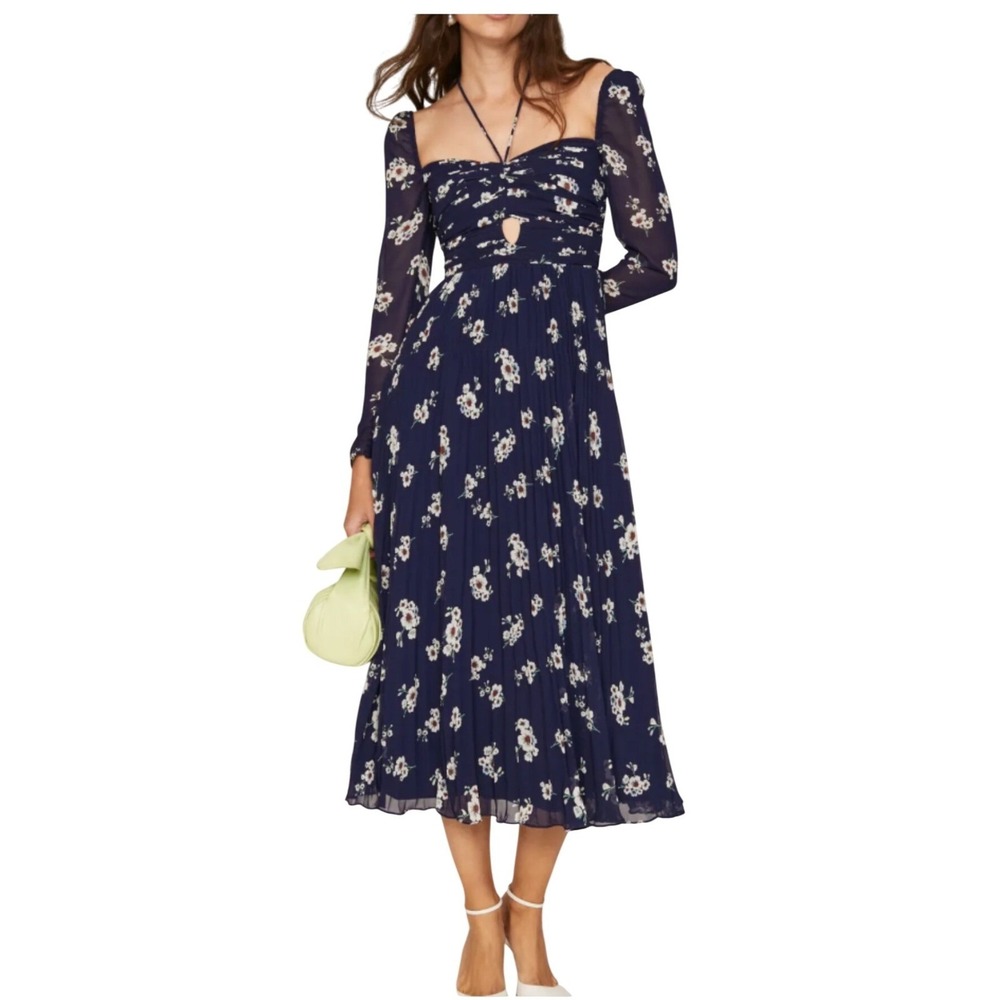 Self-Portrait Size 8 Navy Floral Midi Dress Keyhole Empire Waist Resort Wedding